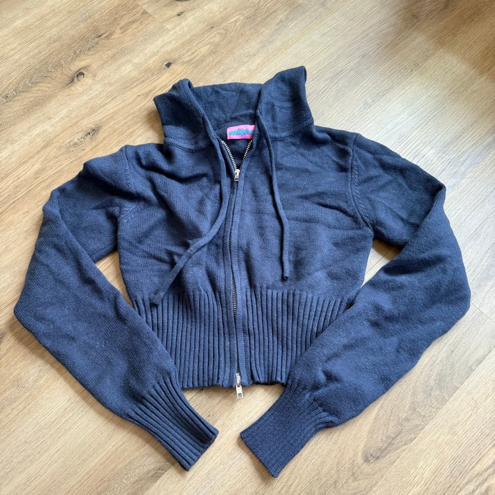 Edikted Womens Cropped Knit Full Zip Hoodie Blue Grey Size Medium Y2K Sporty‎